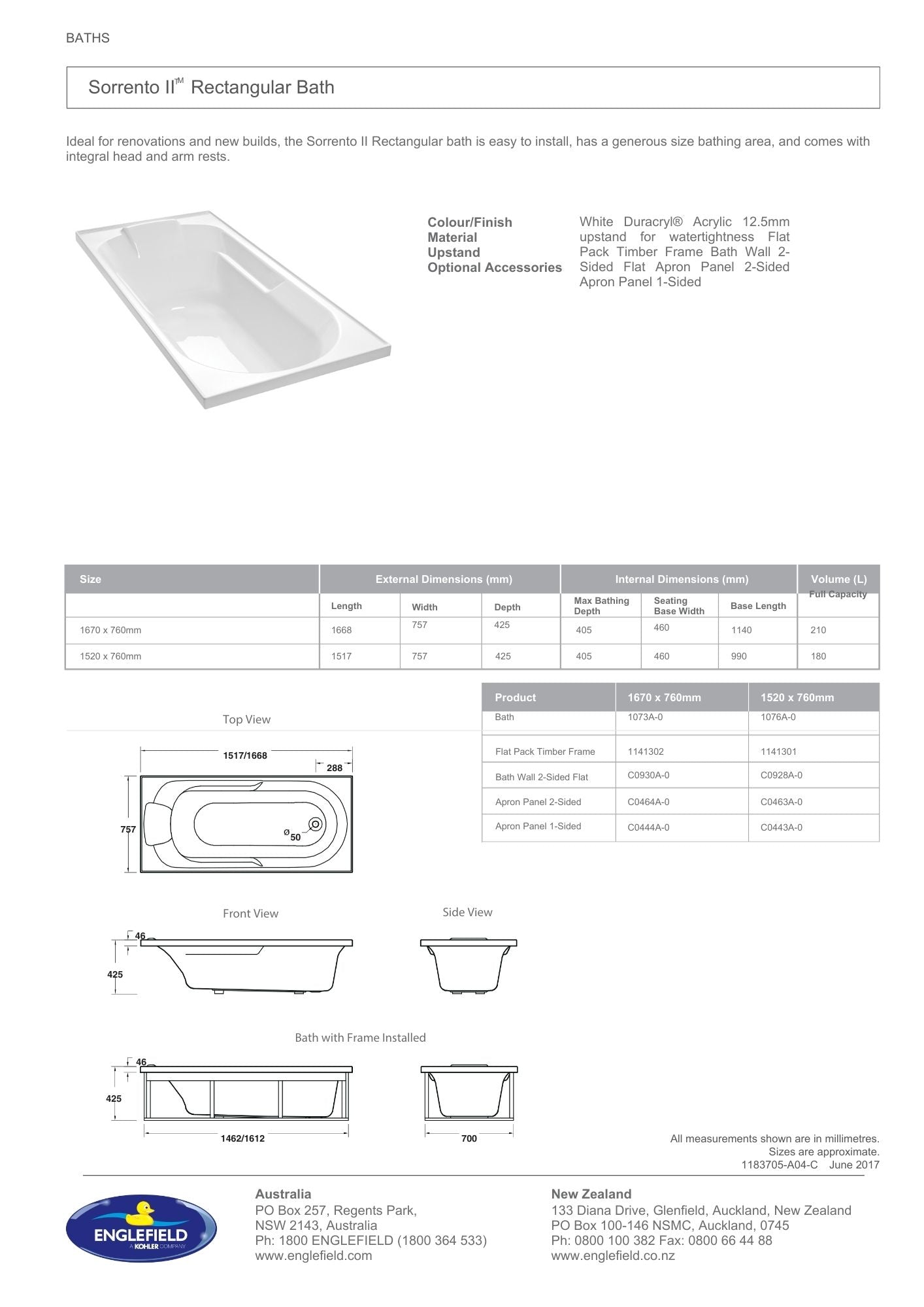 Englefield Sorrento II Rectangular Bath 1520mm
