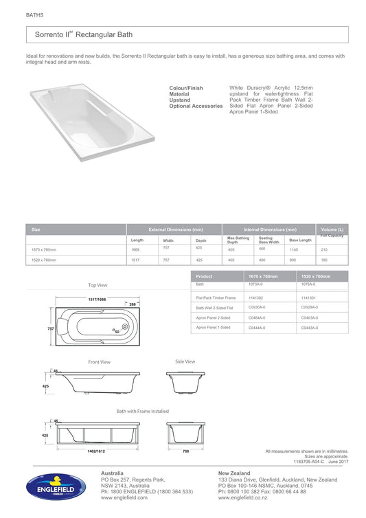 Englefield Sorrento II Rectangular Bath - 2 Size Options
