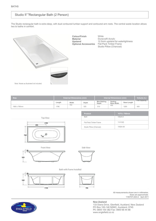 Englefield Studio II Symmetrical Rectangular Bath 1800mm x 760mm