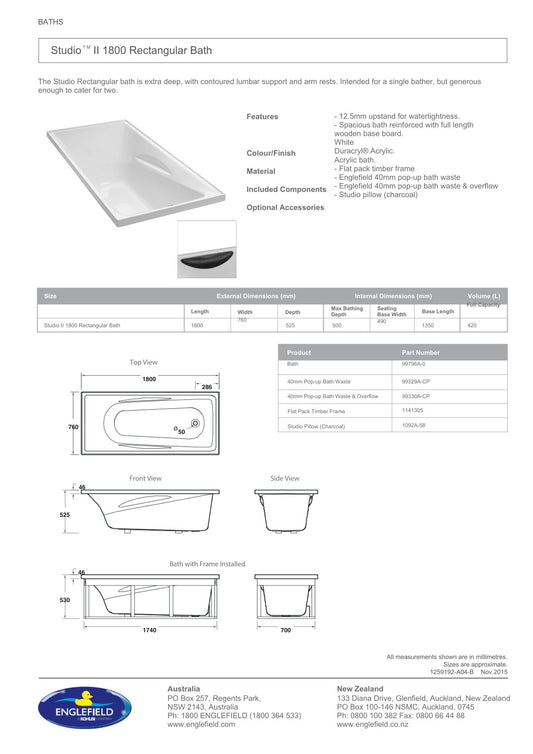 Englefield Studio II Rectangular Bath 1800mm x 760mm