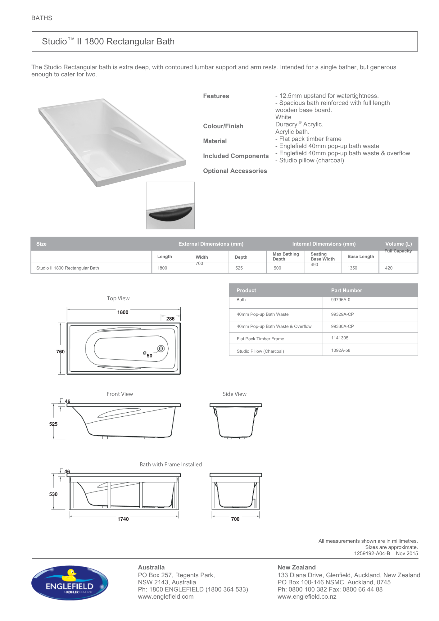 Englefield Studio II Rectangular Bath 1800mm