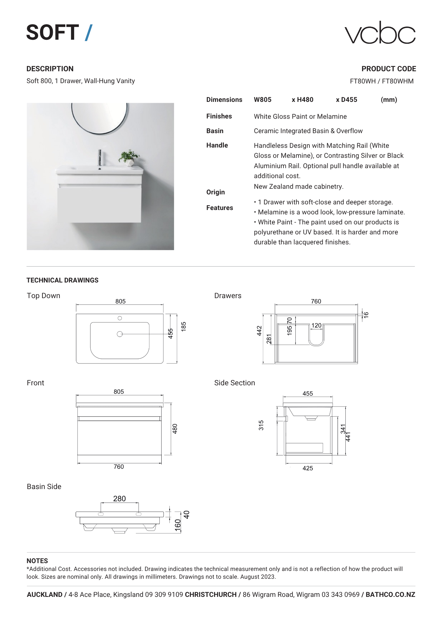 VCBC Soft 1 Drawer Wall Hung Vanity 800mm | Available in 13 Colours