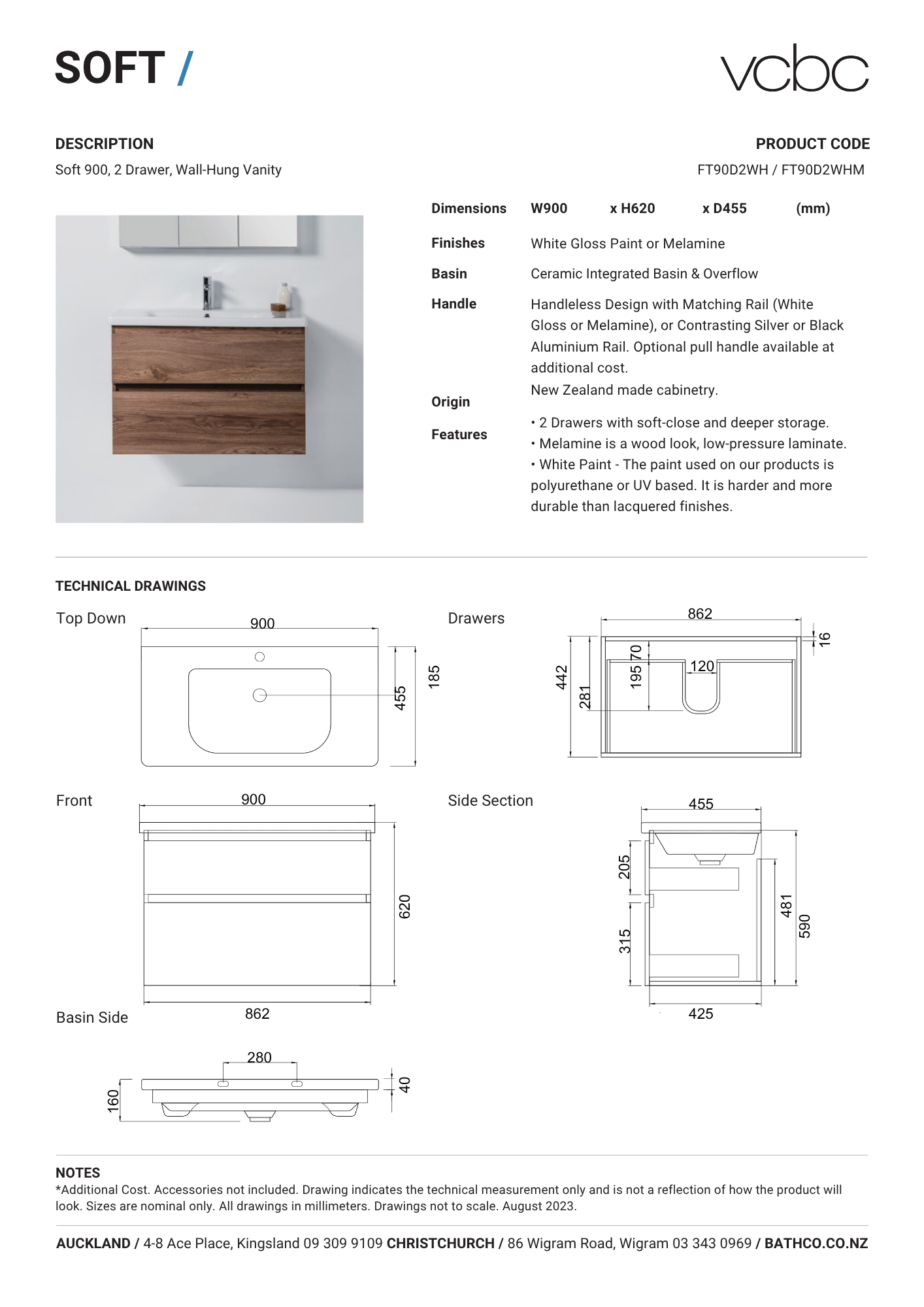 VCBC Soft 2 Drawer Wall Hung Vanity 900mm | Available in 13 Colours