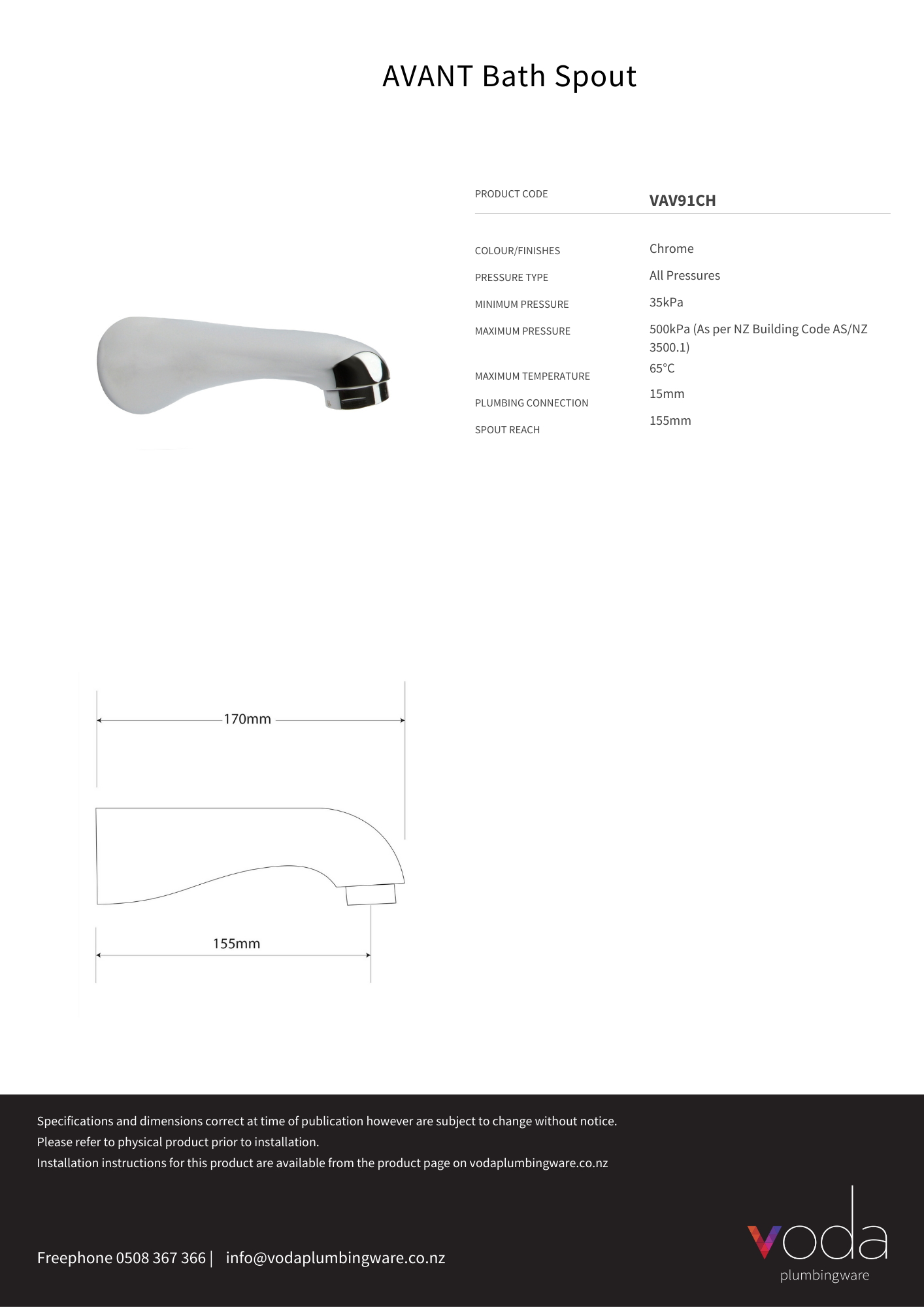 Avant Wall Mount Bath Spout 15mm - Chrome
