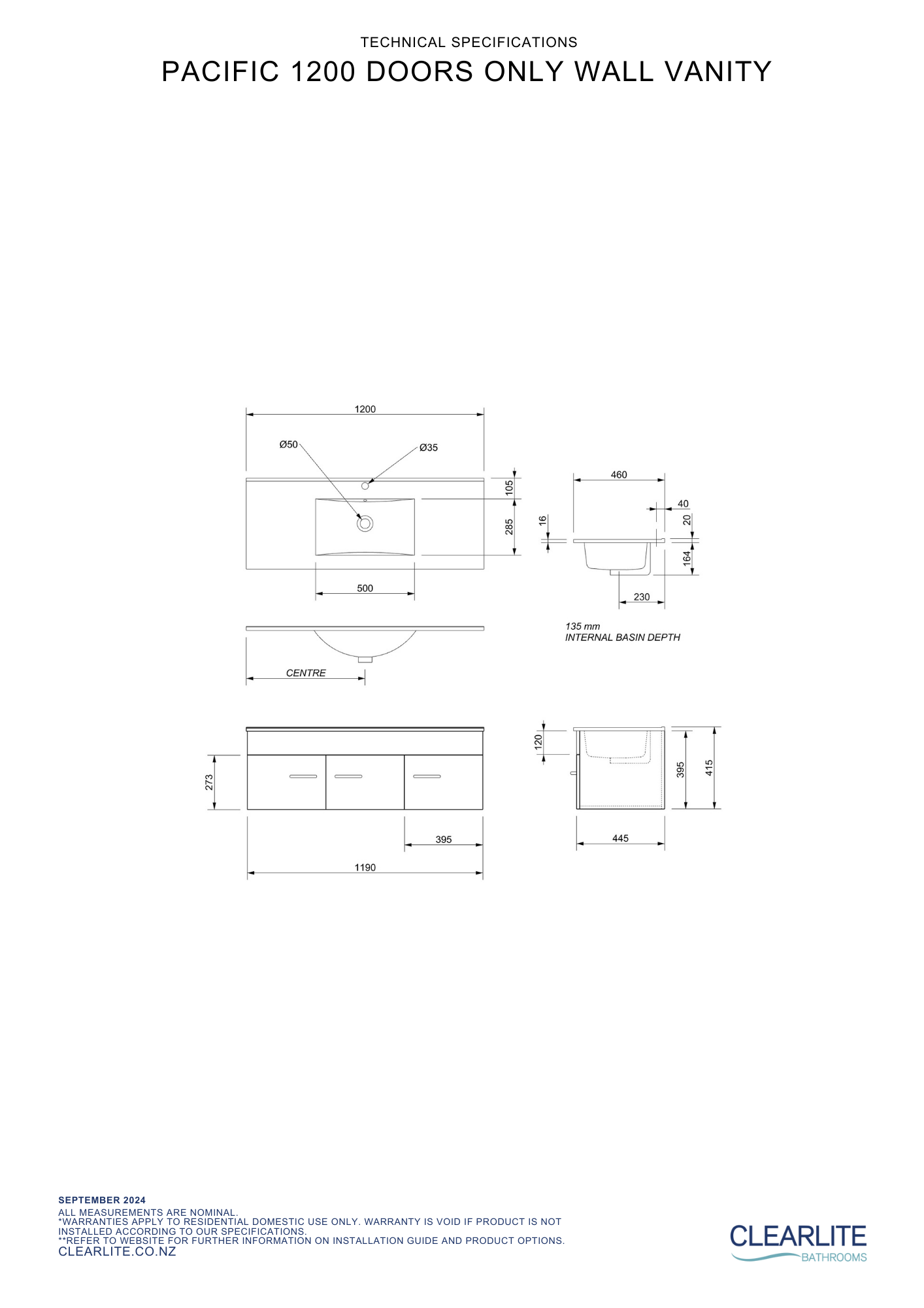 Clearlite Pacific Door Only Wall Hung Vanity 1200mm | Available in 3 Colours