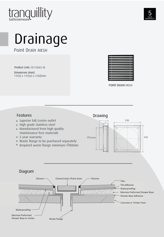 Tranquillity Mesh Point Drain 110mm | Polished Stainless