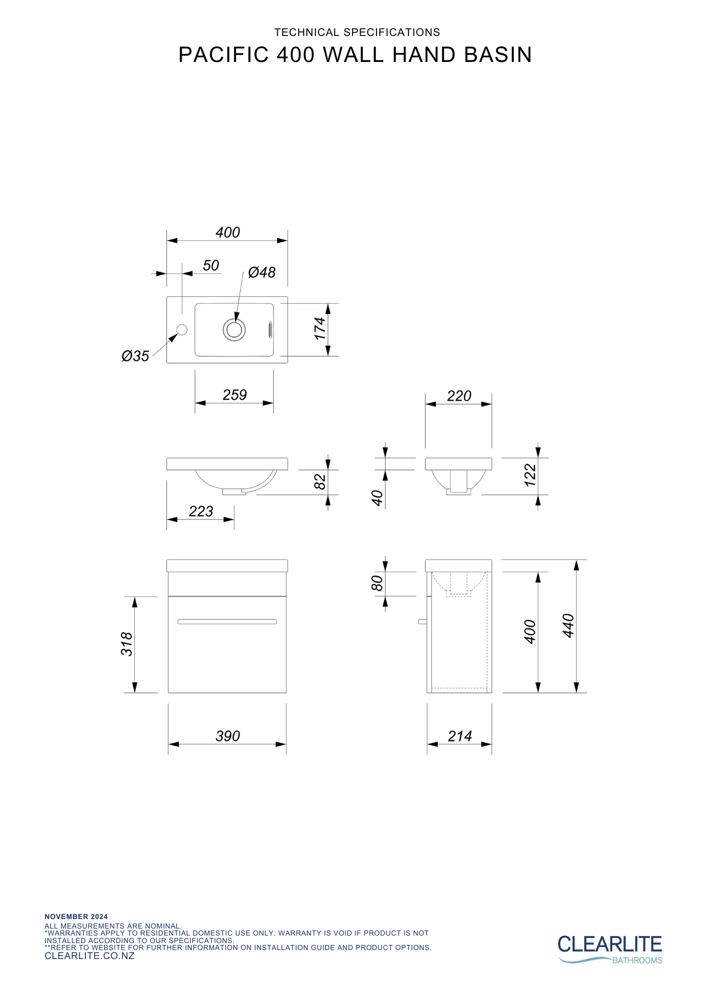 Clearlite Pacific Hand Basin Wall Hung Vanity 400mm - 3 Colour Options