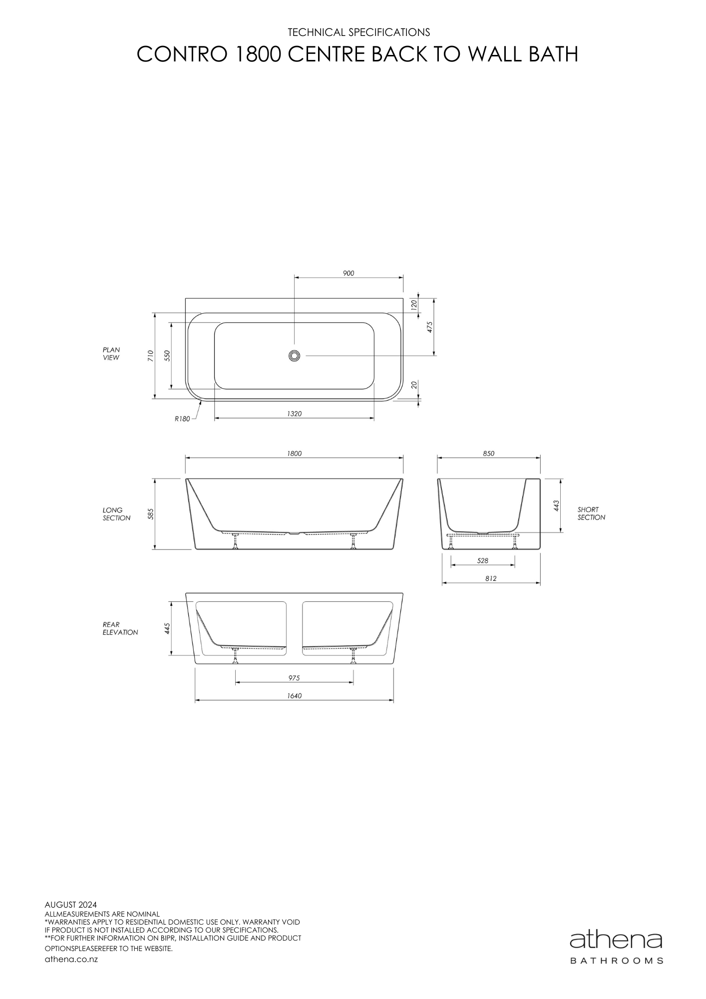 Athena Contro Back To Wall Bath 1800mm