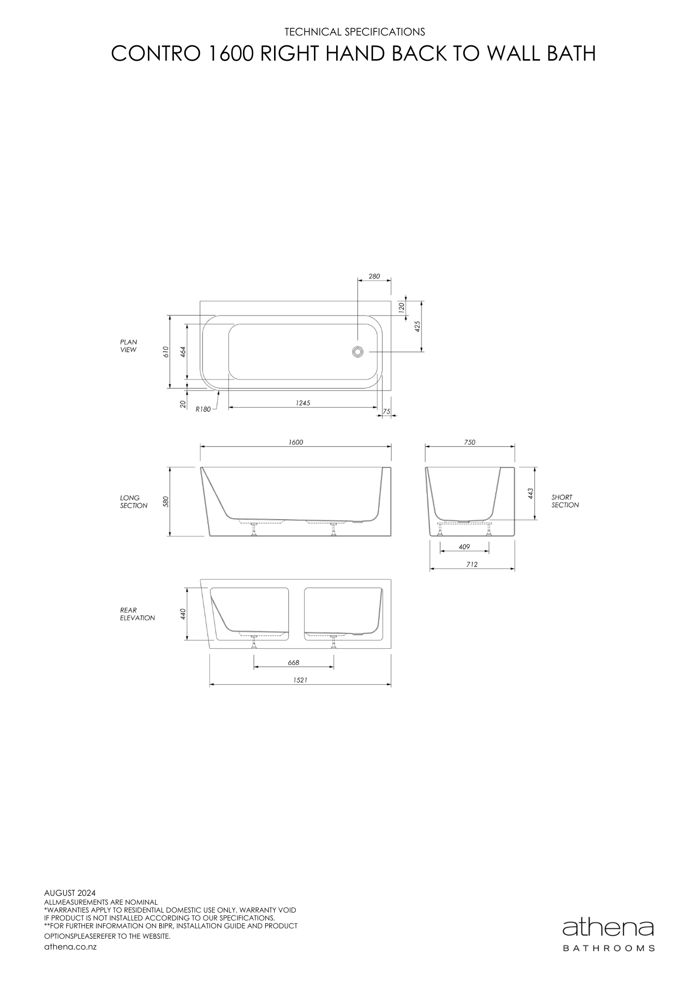 Athena Contro Back To Wall Bath Right Hand 1600mm