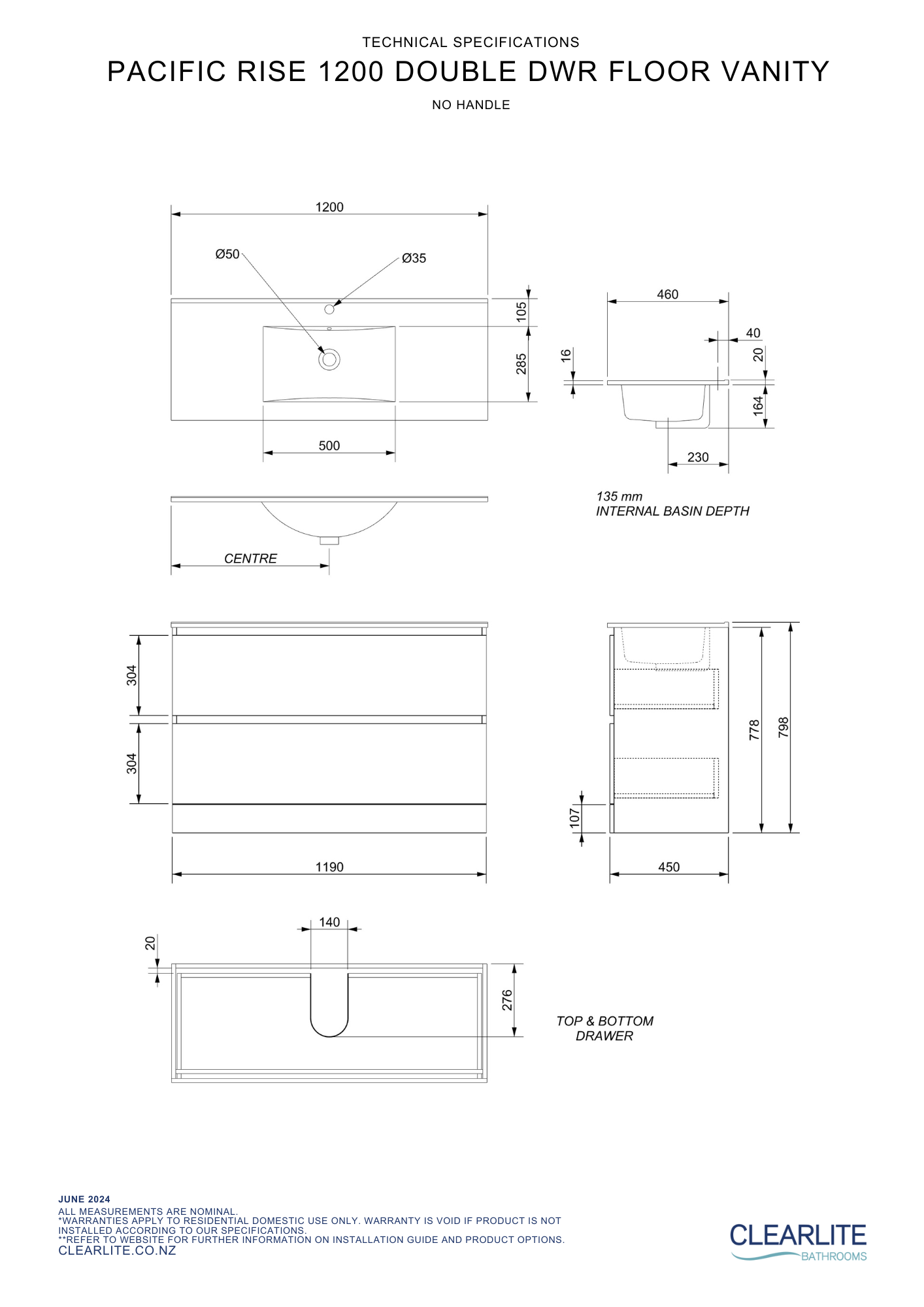 Clearlite Pacific Rise Double Drawer Floor Standing Vanity 1200mm - Available in 3 Colours