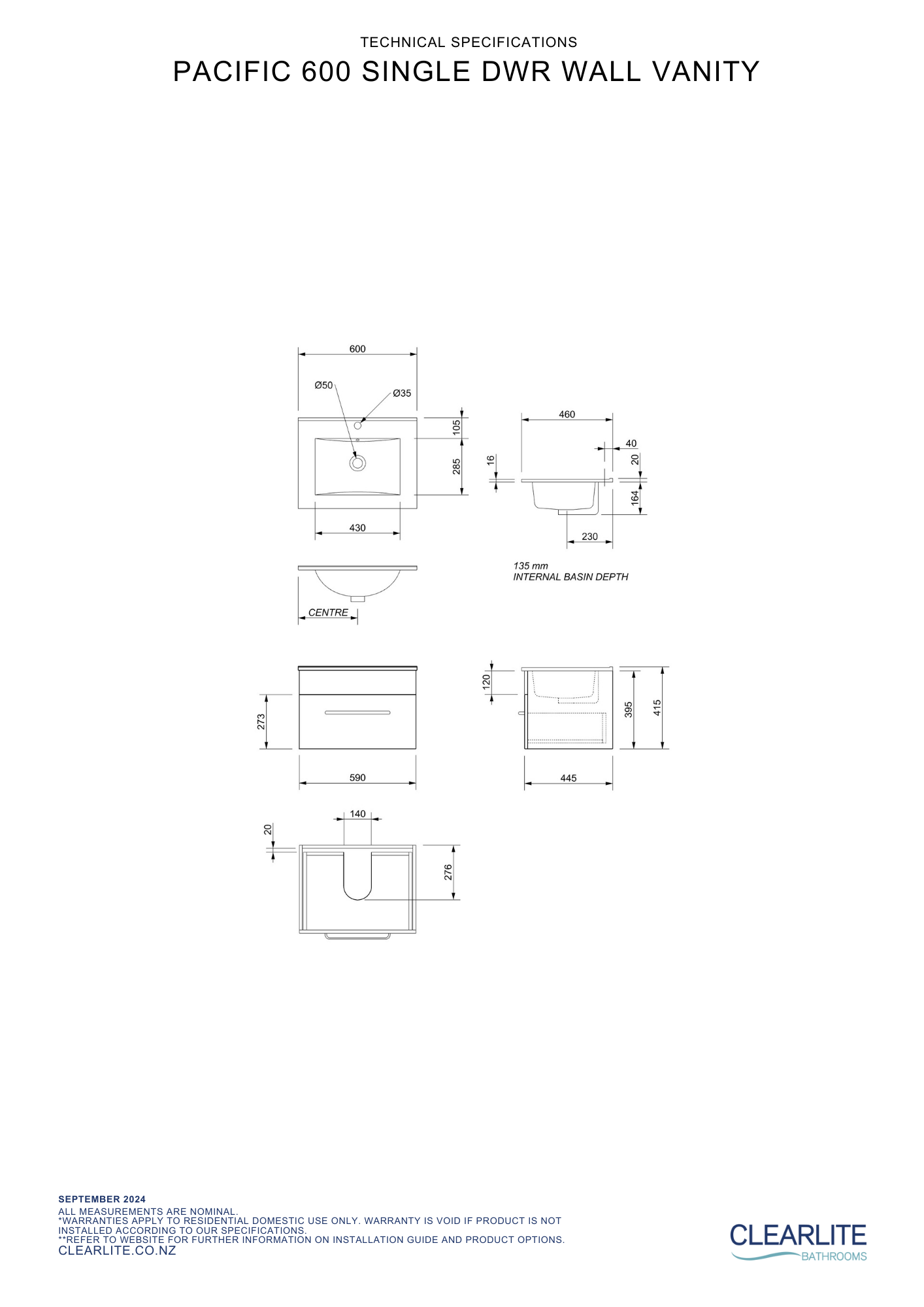 Clearlite Pacific Single Drawer Wall Hung Vanity 600mm - Available in 3 Colours