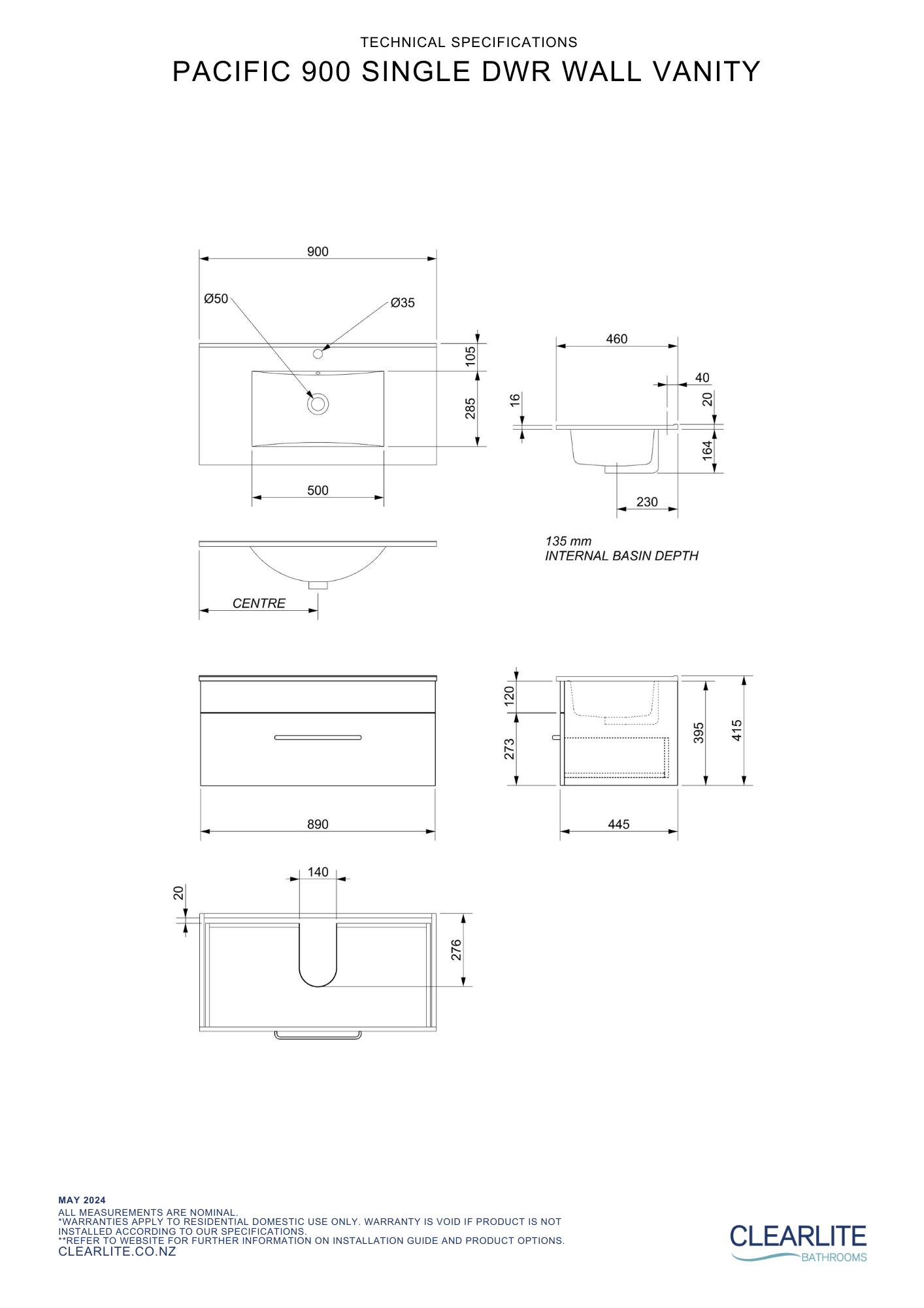 Clearlite Pacific Single Drawer Wall Hung Vanity 900mm - Available in 3 Colours