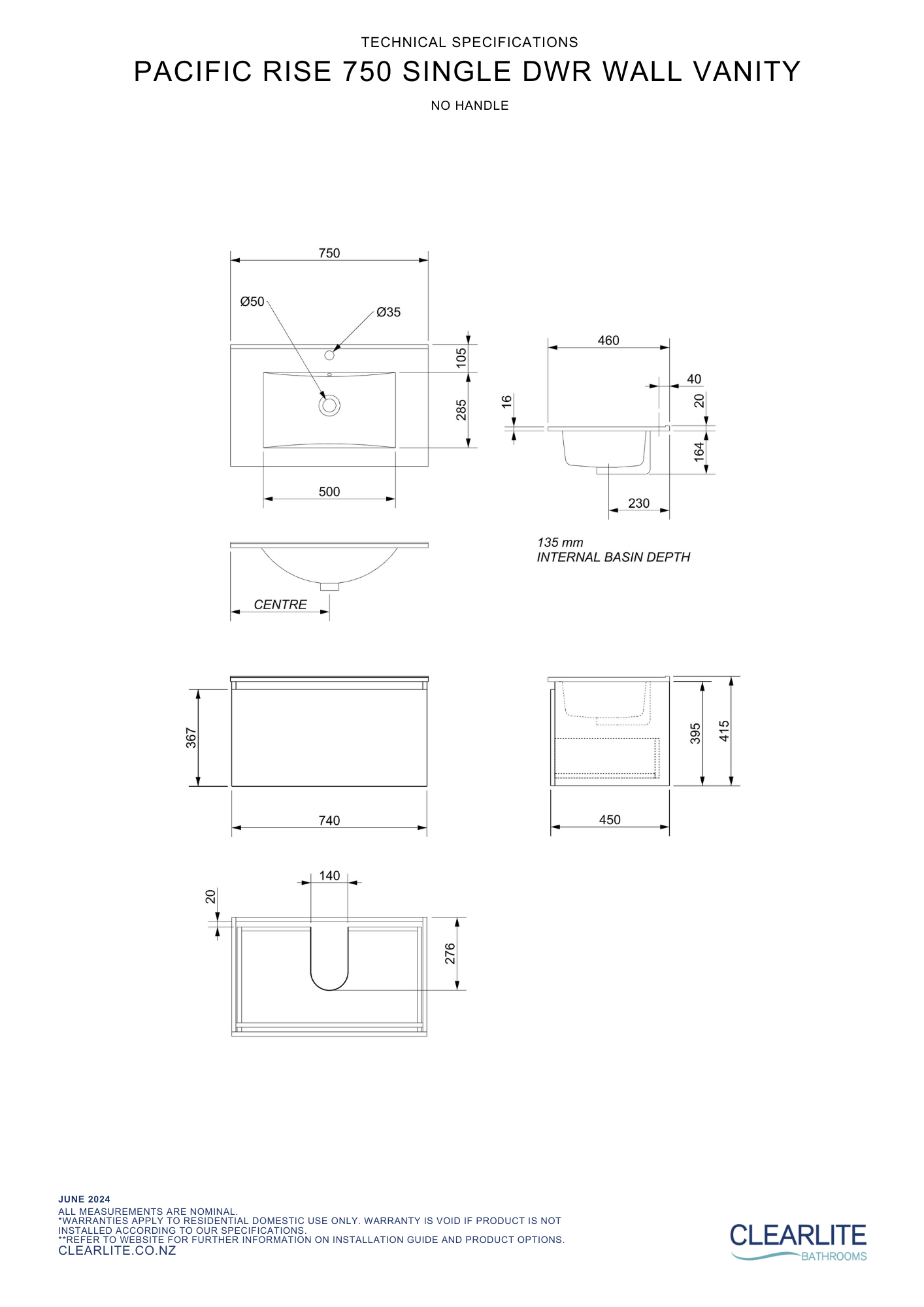 Clearlite Pacific Rise Single Drawer Wall Hung Vanity 750mm - Available in 3 Colours