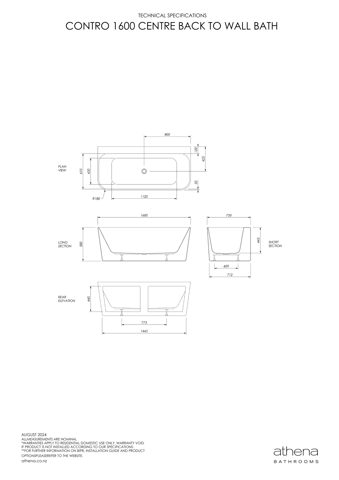 Athena Contro Back To Wall Bath 1600mm