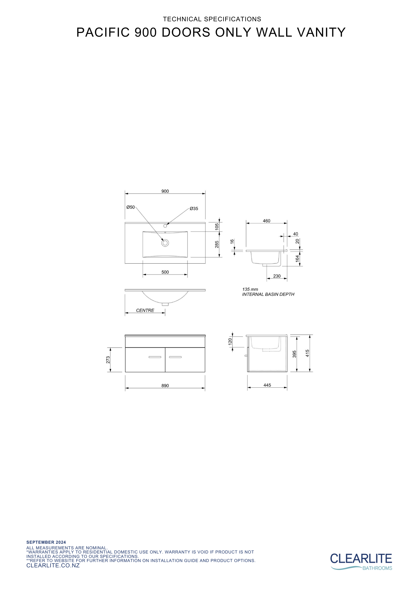 Clearlite Pacific Door Only Wall Hung Vanity 900mm | Available in 3 Colours