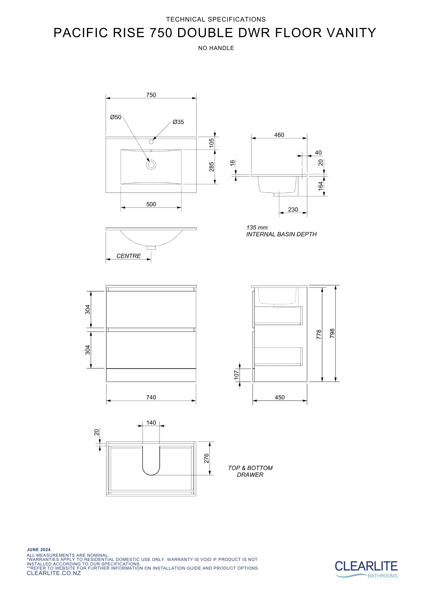 Clearlite Pacific Rise Double Drawer Floor Standing Vanity 750mm - Available in 3 Colours
