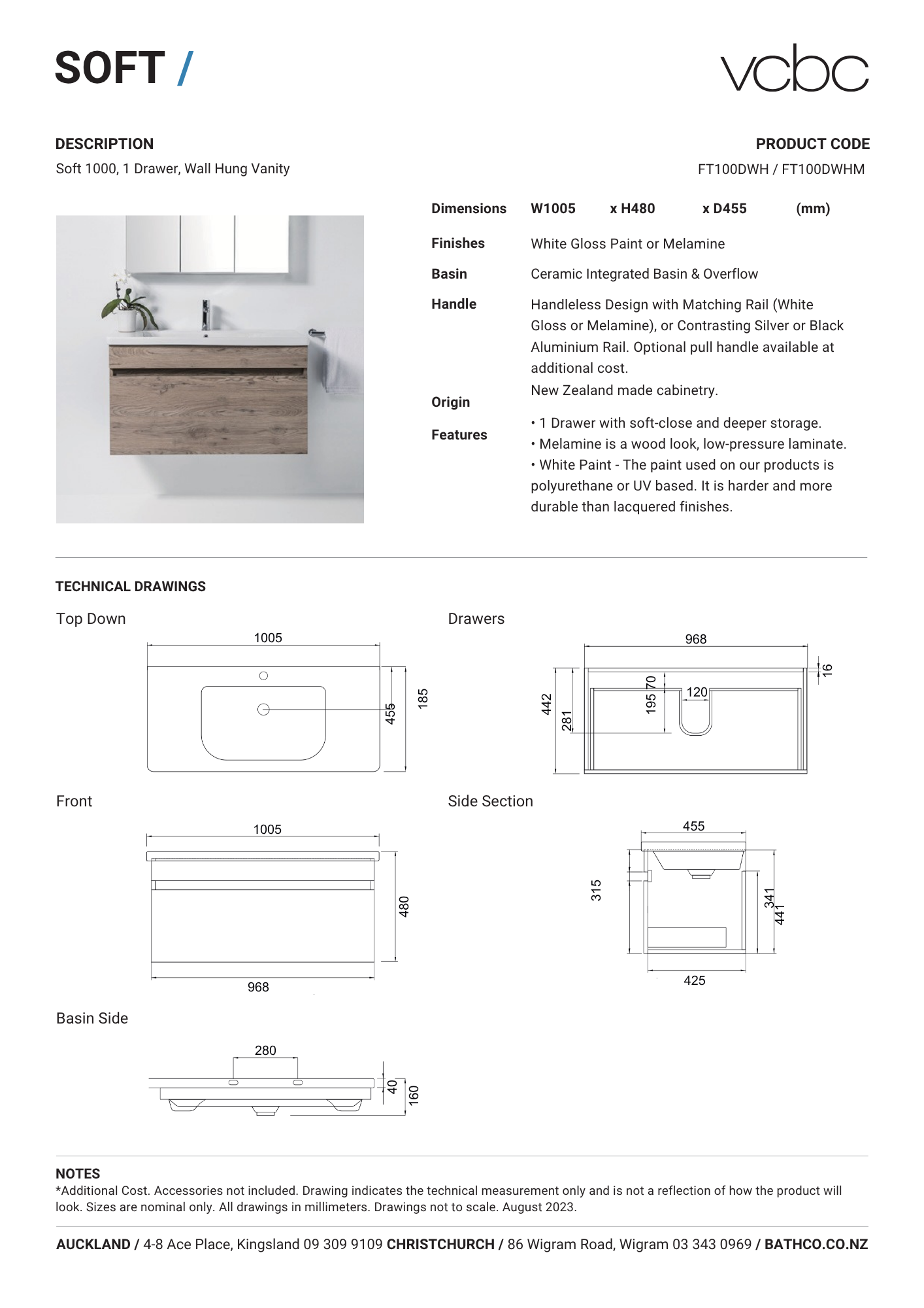 VCBC Soft 1 Drawer Wall Hung Vanity 1000mm | Available in 13 Colours