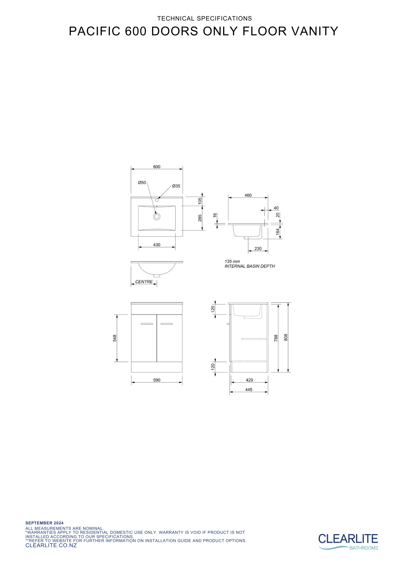 Clearlite Pacific Door Only Floor Standing Vanity 600mm - Available in 3 Colours