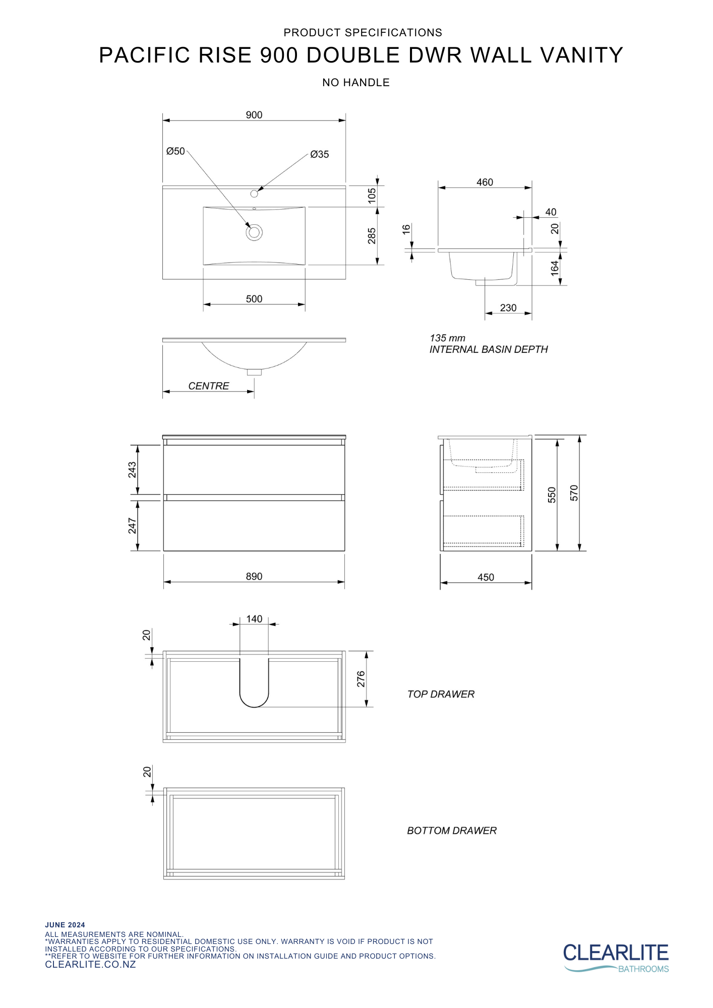 Clearlite Pacific Rise Double Drawer Wall Hung Vanity 900mm - Available in 3 Colours
