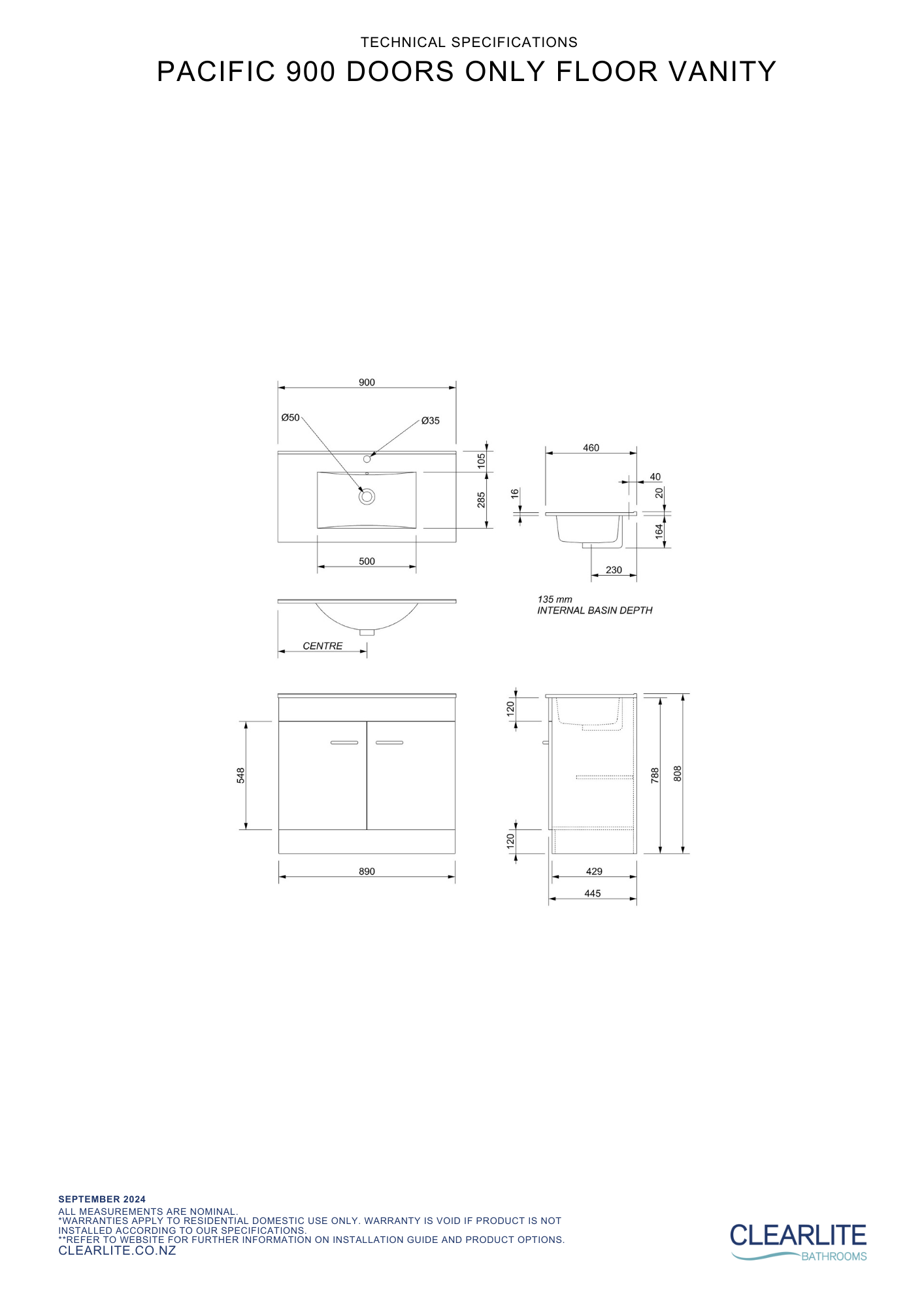 Clearlite Pacific Door Only Floor Standing Vanity 900mm - Available in 3 Colours