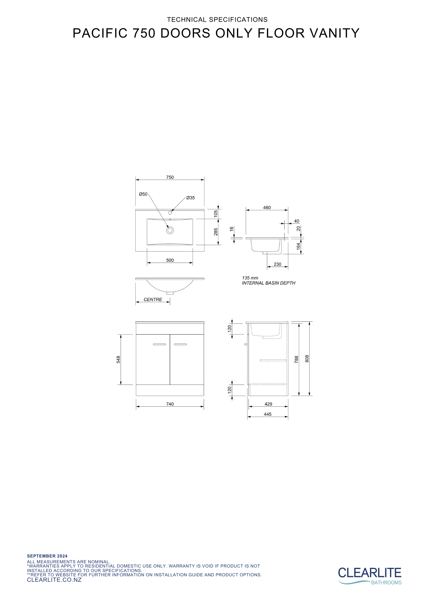Clearlite Pacific Door Only Floor Standing Vanity 750mm - Available in 3 Colours