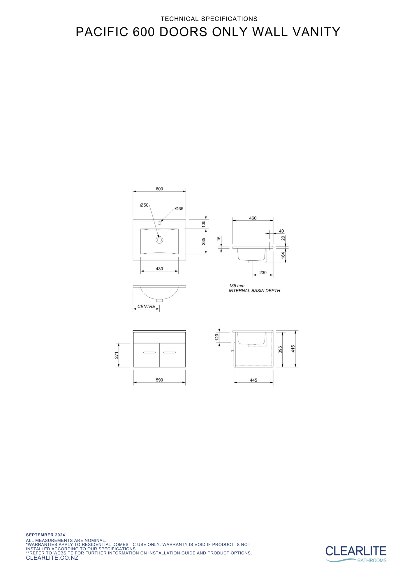 Clearlite Pacific Door Only Wall Hung Vanity 600mm | Available in 3 Colours