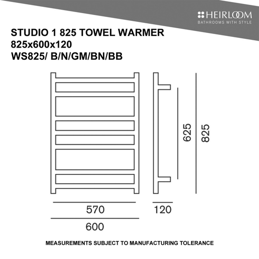 Heirloom Studio 1 ESP Heated Towel Rail | 825 x 600mm - Chrome