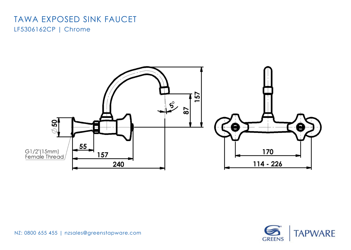 Tawa Exposed Sink Faucet 150mm - Chrome