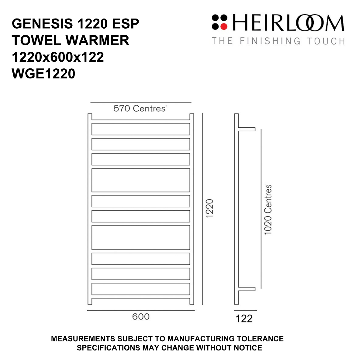 Heirloom Genesis ESP Heated Towel Rail | 1220 x 600mm - Chrome