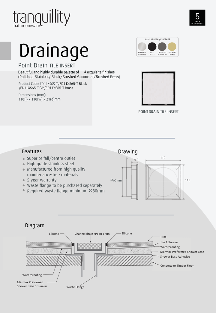 Tranquillity Tile Insert Point Drain 110mm | Available in 4 Colours