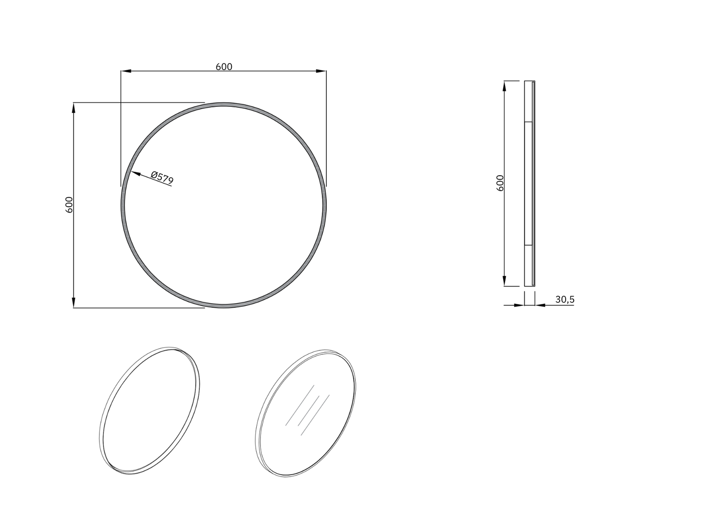Avant Round Black Framed Mirror 600mm