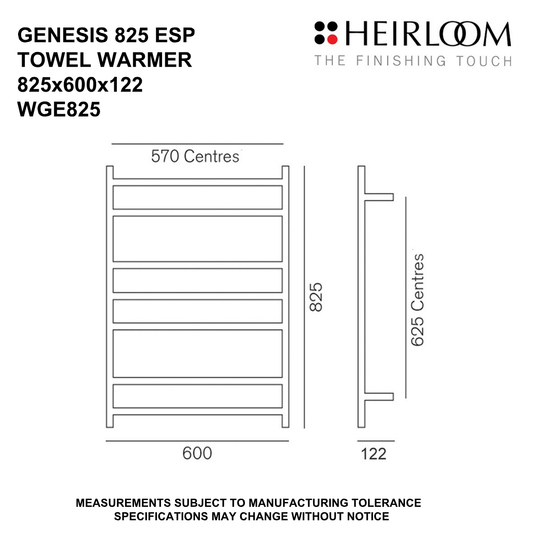 Heirloom Genesis ESP Heated Towel Rail | 825 x 600mm - Chrome
