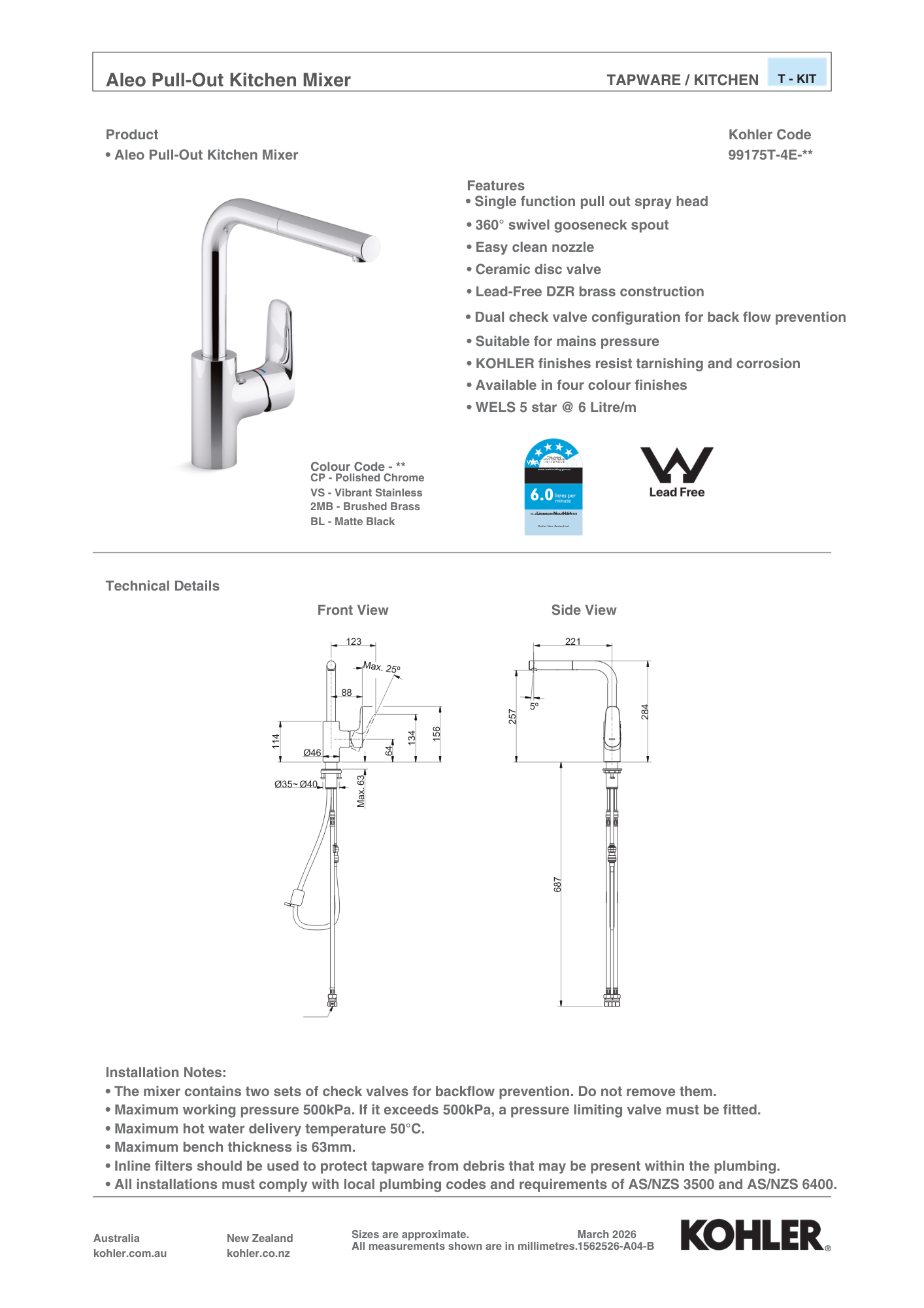 Kohler Aleo Pull Out Kitchen Faucet | Available in 4 Colours