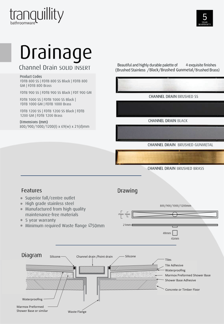 Tranquillity Solid Insert Channel Drain 800mm | Available in 4 Colours