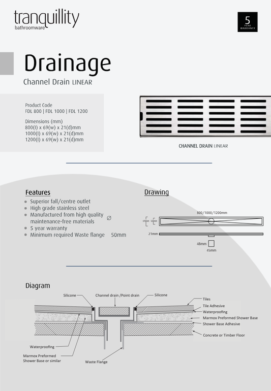 Tranquillity Linear Channel Drain | Polished Stainless - Available in 3 Sizes