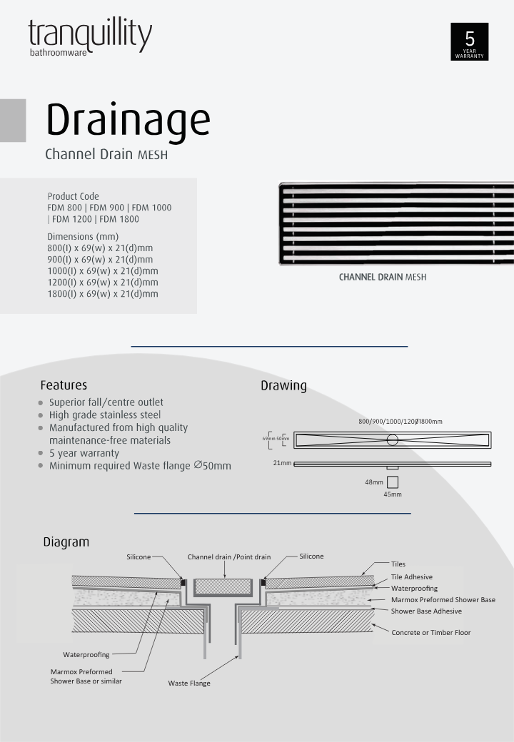 Tranquillity Mesh Channel Drain - Polished Stainless | Available in 5 Sizes