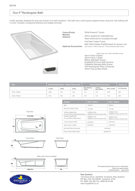 Englefield Duo II Rectangular Bath - 2 Size Options