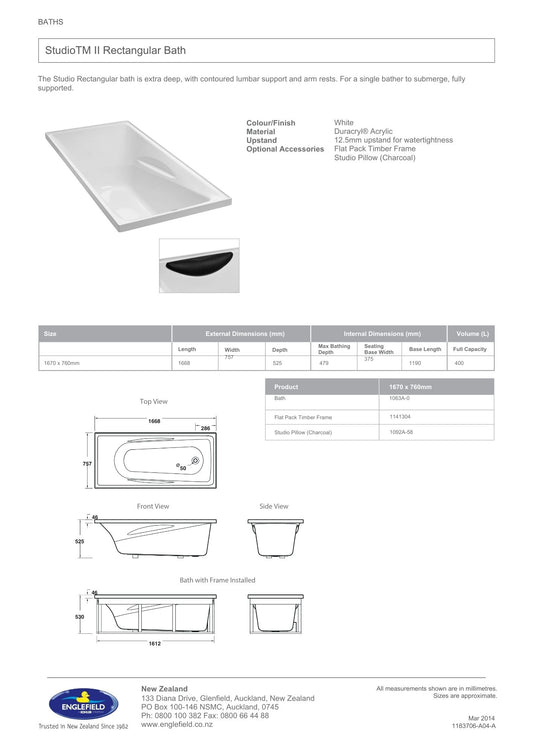 Englefield Studio II Rectangular Bath 1670mm x 760mm