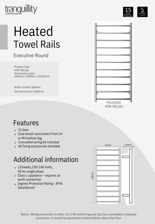 Tranquillity Executive 11 Bar Round Heated Towel Rail - 3 Colour Options