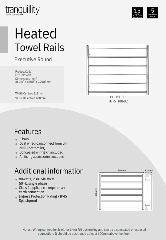Tranquillity Executive 6 Bar Round Heated Towel Rail (Width: 850mm) - Polished Stainless