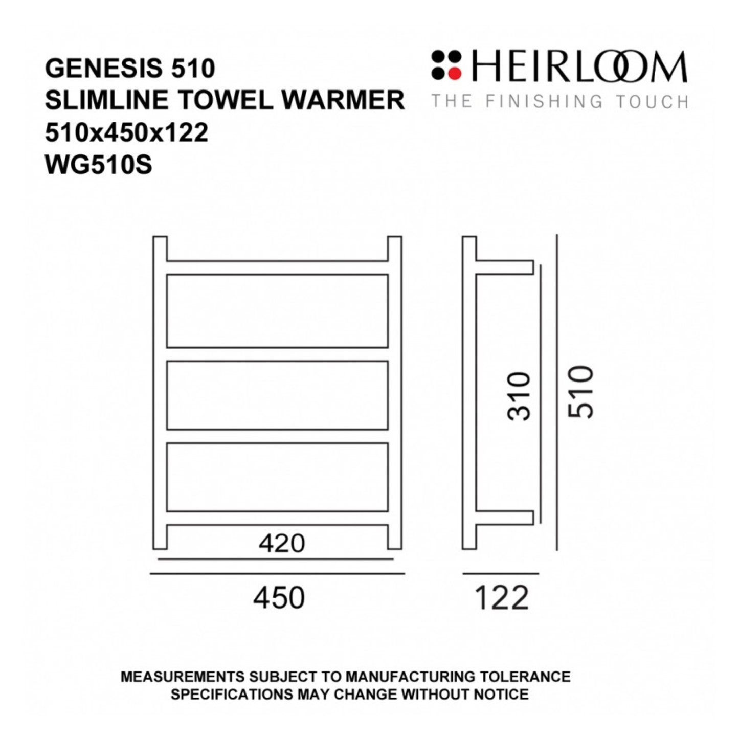 Heirloom Genesis Slimline Heated Towel Rail | 510 x 450mm - Chrome