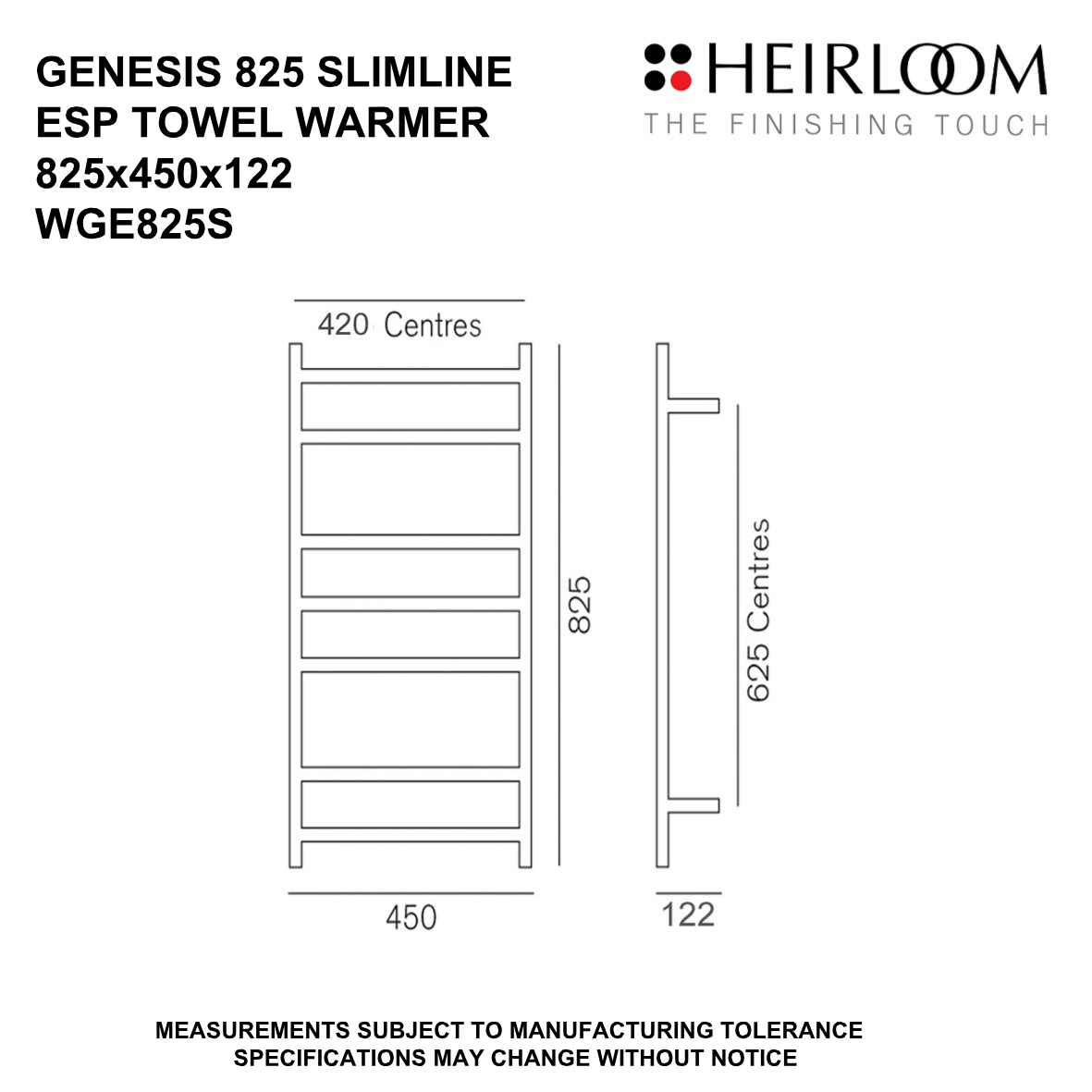Heirloom Genesis ESP Slimline Heated Towel Rail | 825 x 450mm - Chrome