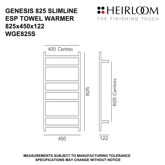 Heirloom Genesis Slimline Energy Saver Pulse (ESP) Towel Warmer 825mm - Chrome