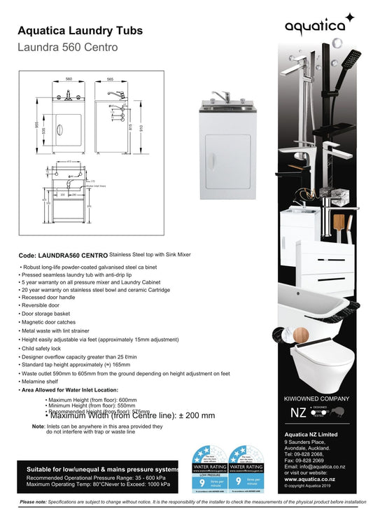 Aquatica Laundry Tub Door Model with Centre Mixer 560mm