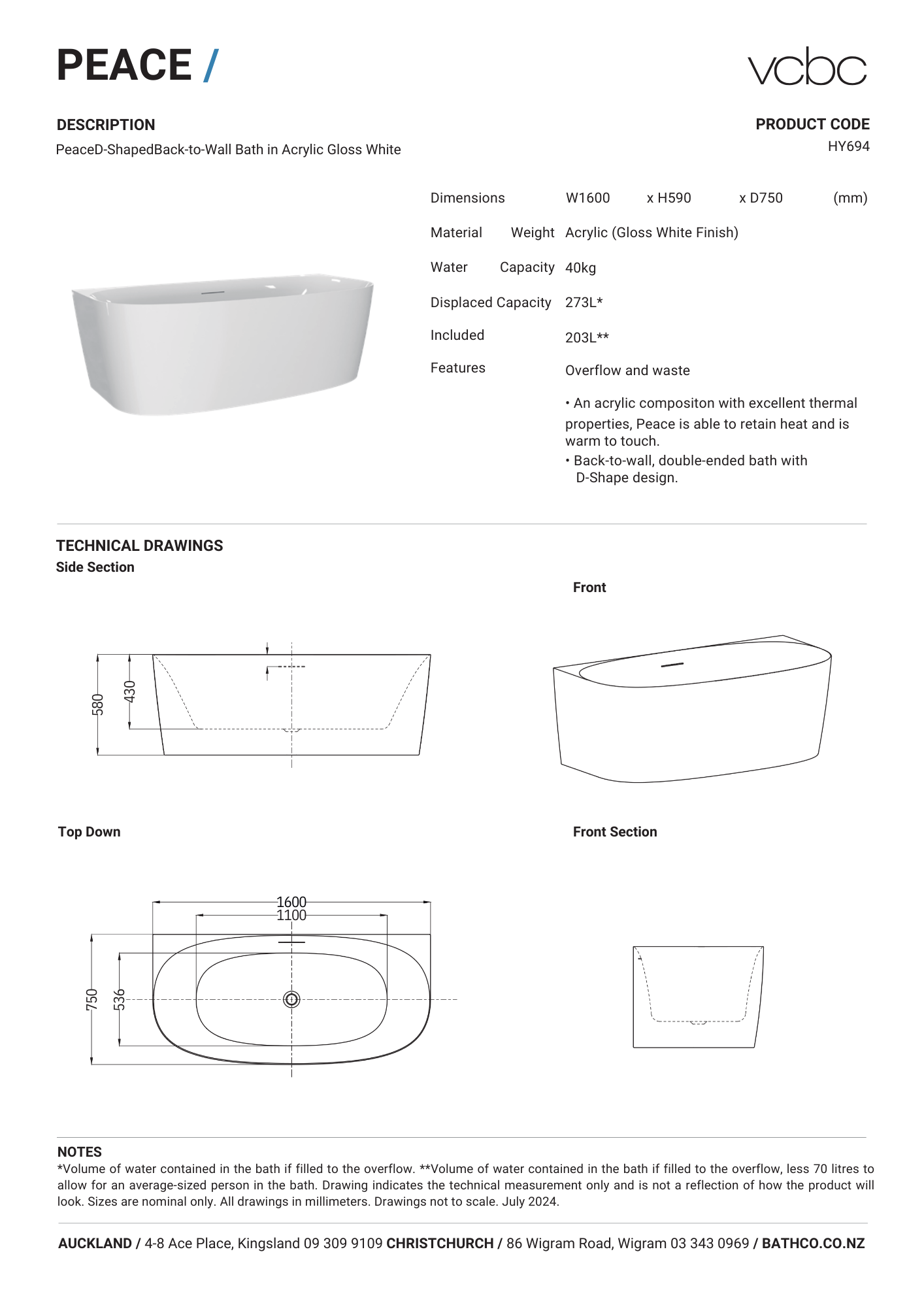 VCBC Peace Shaped Back To Wall Bath 1600mm | Available in 2 Colours