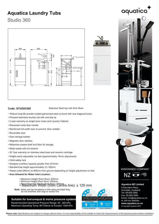 Aquatica Studio Laundry Tub Slim Door Model 360mm