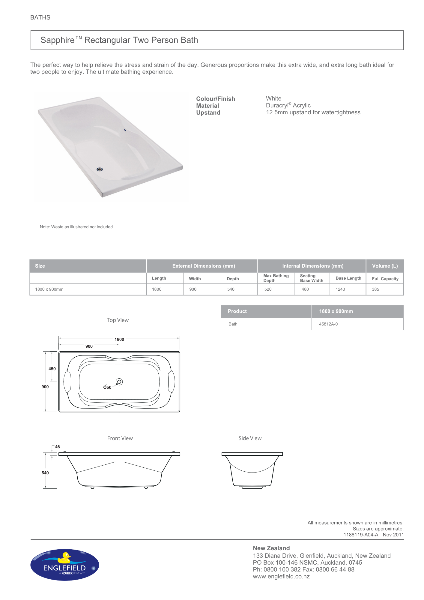 Englefield Sapphire Rectangular Bath 1800mm
