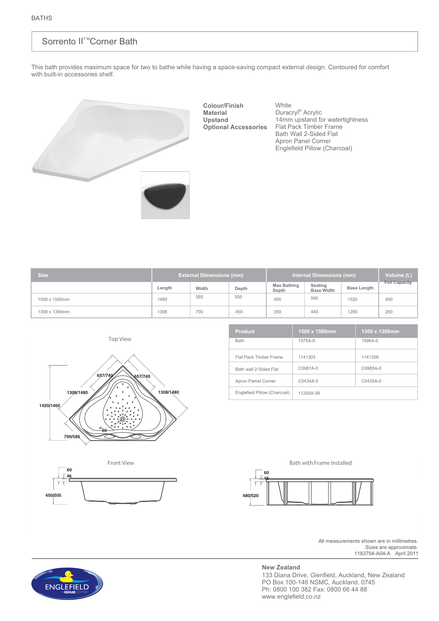 Englefield Sorrento II Corner Bath 1500mm