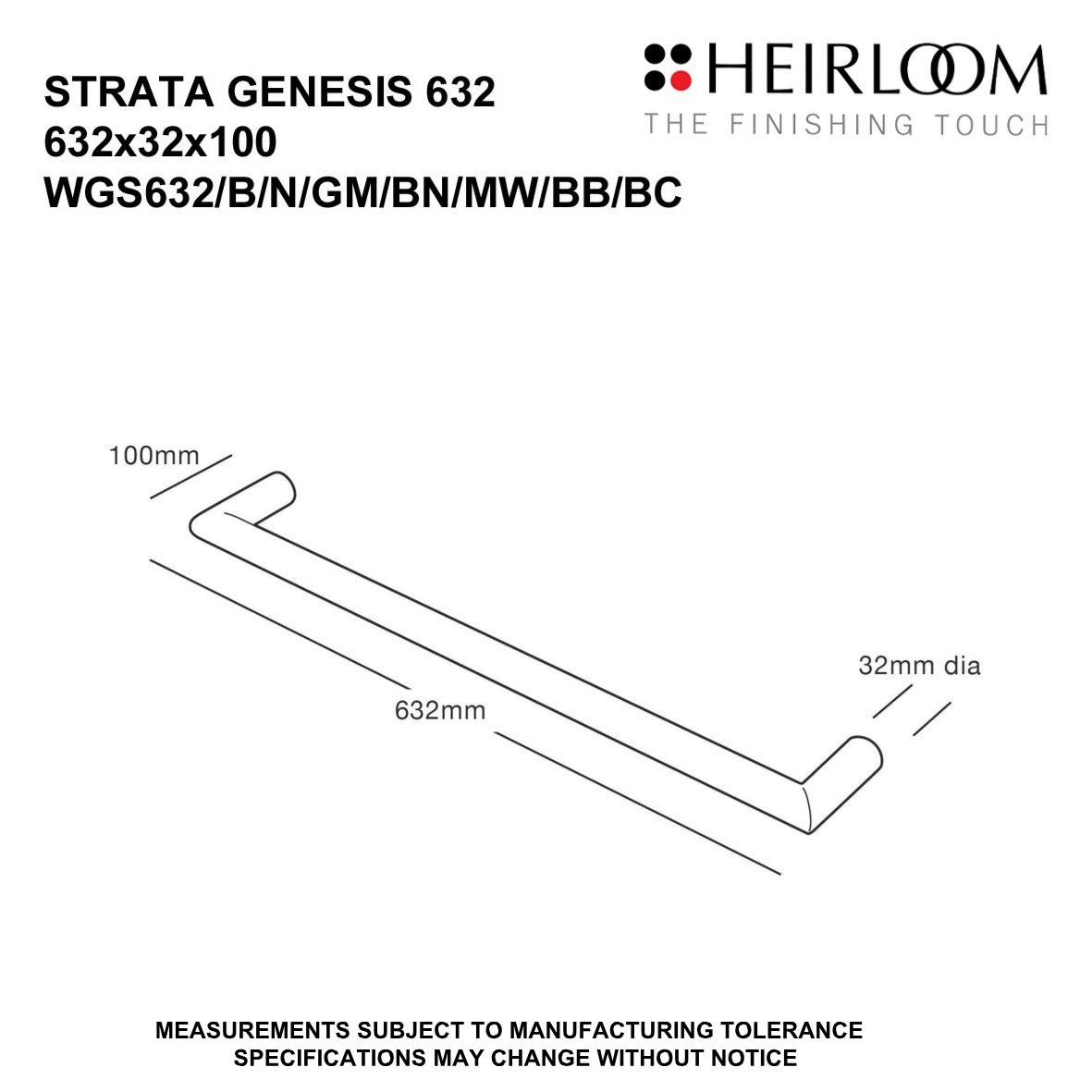 Heirloom Strata Genesis Single Bar Towel Warmer | 632mm - Available in 8 Colours