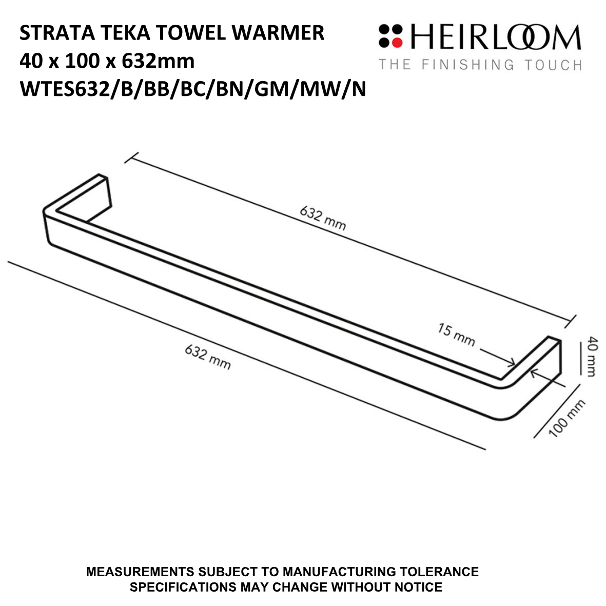 Heirloom Strata Teka Single Bar Towel Warmer | 632mm - Available in 8 Colours